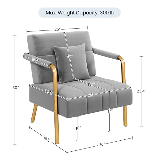 Yaheetech 30" W Accent Chair Velvet Oversized Armchair Living Room Chair with Golden Frame & Cozy Pillow for Living Room, Bedroom, Office Light Gray