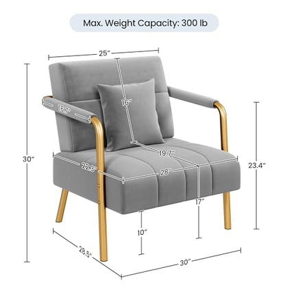 Yaheetech 30" W Accent Chair Velvet Oversized Armchair Living Room Chair with Golden Frame & Cozy Pillow for Living Room, Bedroom, Office Light Gray