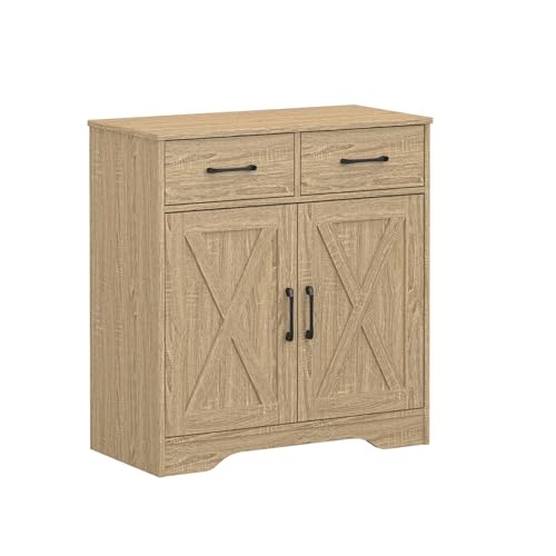 Sideboard 2 Drawers 2 Doors Entryway Storage Cabinet Living Room Organizer Farmhouse Style Wooden Kitchen Cupboard (Nature)