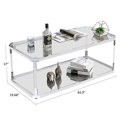 Glass Coffee Table, Clear Coffee Table with 2 Tiers, Acrylic Leg, Chrome Frame, Rectangular Center Table for Living Room (Chrome-New)
