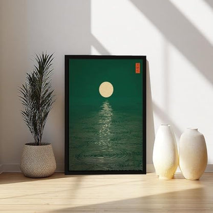 Green Zen Moon Wall Art Emerald Forest Landscape Print Mid Century Modern Minimalist Ripples Poster Oriental Calm Nature Picture for Living Room Bedroom Decor