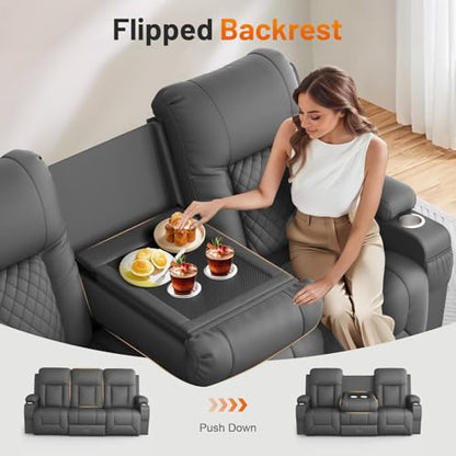 Loveseat Recliner Sofa, 3 Seater Dual Reclining Sofa with Flip Back Console, Modern PU Leather Loveseat Couch for Living Room/RV, with Storage, USB Ports, Cup Holder, Cell Phone Holder, Gray