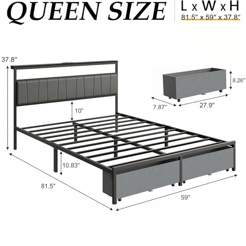 Queen Bed Frame with Storage Drawers and Charging Station, Grey, view 3