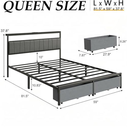 Queen Bed Frame with Storage Drawers and Charging Station, Grey, view 3