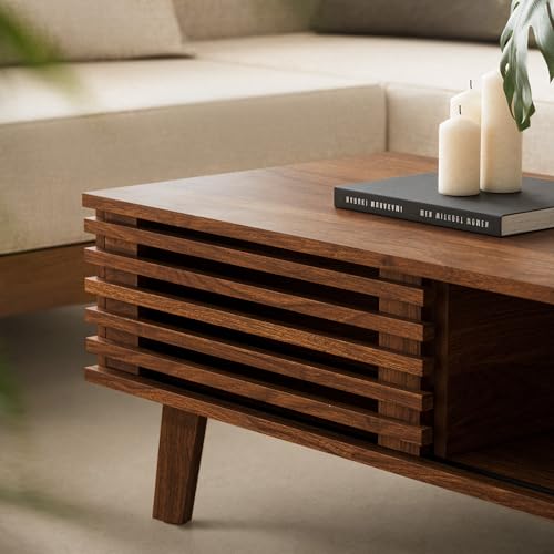 Mid Century Coffee Table with Storage & Sliding Fence Door, Modern Coffee Tables for Living Room, Walnut Finish