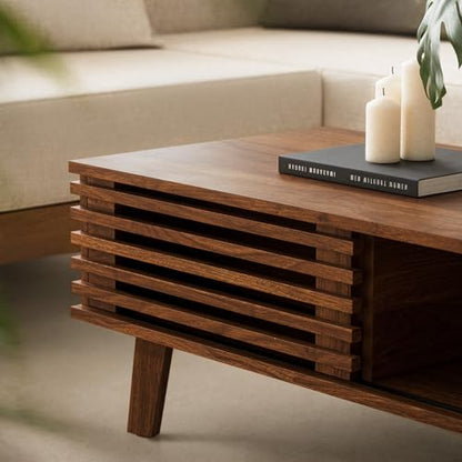 Mid Century Coffee Table with Storage & Sliding Fence Door, Modern Coffee Tables for Living Room, Walnut Finish