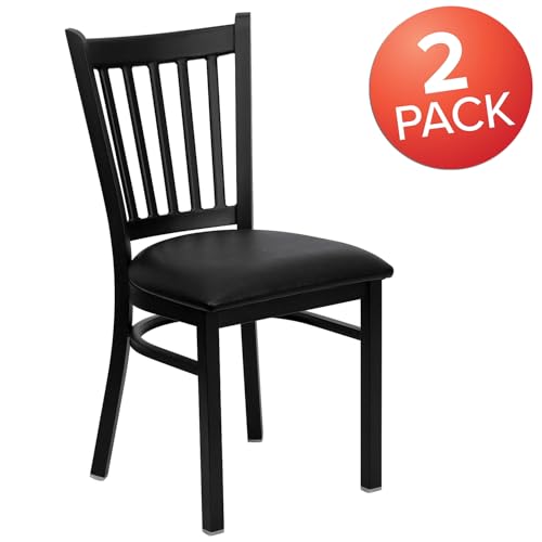 Hercules Series Vertical Back Metal Restaurant Chairs, Upholstered Armless Dining Chairs for Restaurants/Kitchens, Set of 2, Black