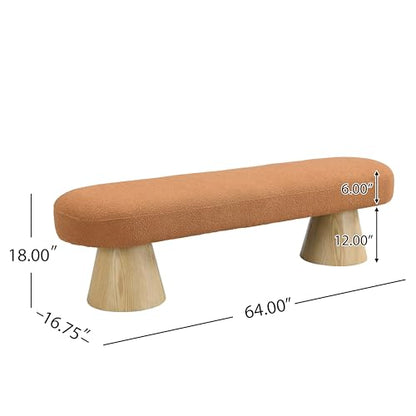 Dining Bench for Dining Room, Upholstered Bedroom End of Bed Entryway Bench, Boucle Ottoman for Living Room, 64" L Stool Top Wood Leg 300 LBS Weight Capacity, Orange