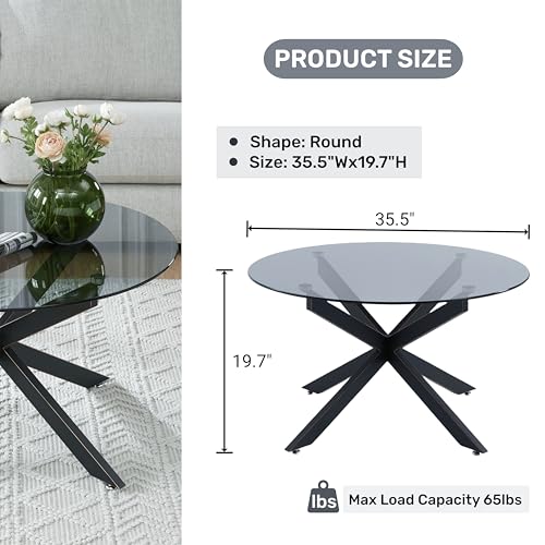 Black Round Glass Coffee Table for Living Room, Home Office, Modern & Simple Center Table with Gray Tempered Glass Top, 35.5" Wx19.7 H