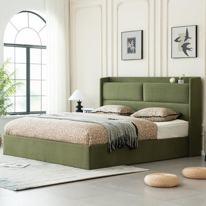 King Hydraulic Lift Storage Bed Frame，Upholstered Headboard，Green, view 4
