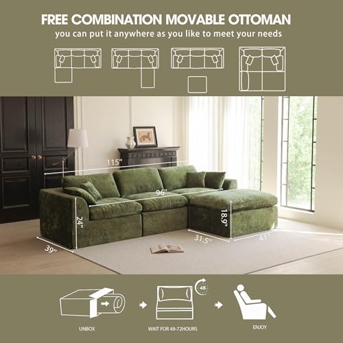 115''Cloud Sectional Couch for Living Room, Modern L-Shape Sofa with Ottoman, Oversized Convertible 3 Seater Modular Couches, Forest Green