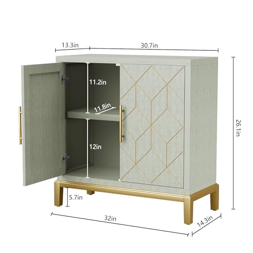 Green Accent Cabinet with Gold Trim,Storage Cabinet with 2 Doors,Modern Wooden Sideboard for Living Room, Kitchen, Office and Hallway