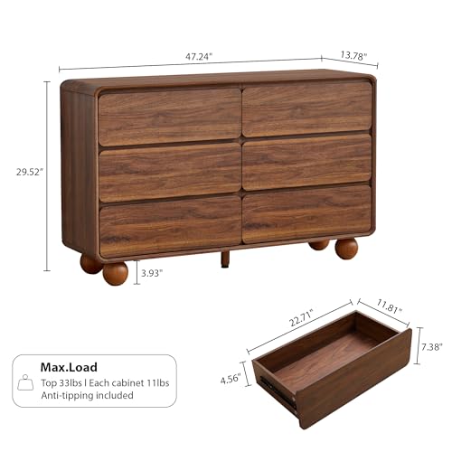 Modern 6 Drawer Dresser for Bedroom, 48" Wooden Chest of Drawers, Walnut, view 3