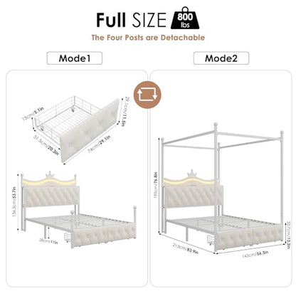 Full Size Upholstered LED Canopy Bed Frame with Charging Station and Drawer, view 3