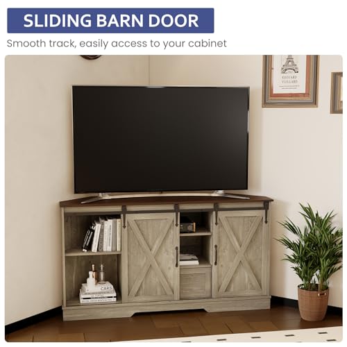 Corner TV Stand, 58" Farmhouse Entertainment Center W/ Barn Door, Wash Grey, view 6