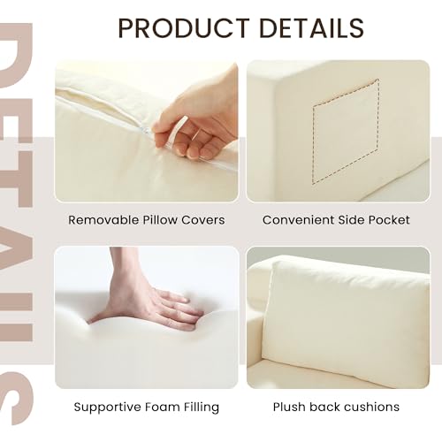 71" Boneless Loveseat Couch,Chenille Pullout Futon Couch,4 in 1 Folding 3 Seater Sofa Bed for Living Room,Boneless Cloud Couch with Storage Pocket & 2 Pillows,Beige