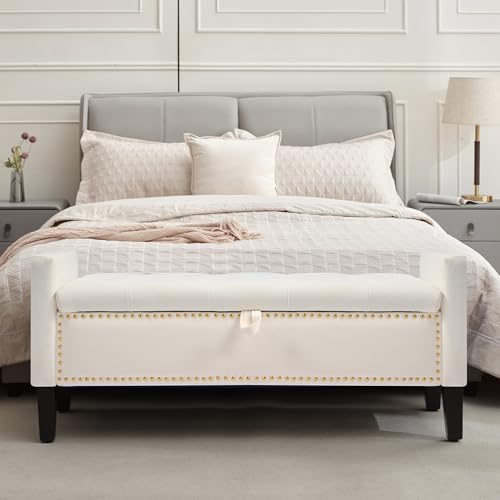Velvet Storage Ottoman Bench, 46'' Upholstered Button Tufted End of Bed Bench, Modern Entryway Ottoman Bench with Arms, Beige