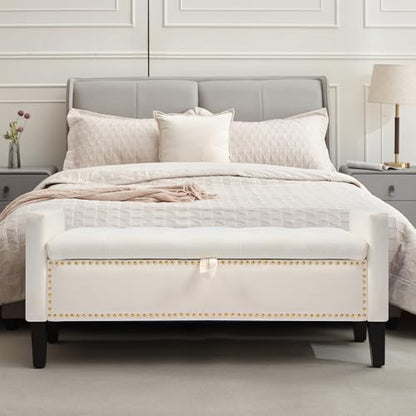 Velvet Storage Ottoman Bench, 46'' Upholstered Button Tufted End of Bed Bench, Modern Entryway Ottoman Bench with Arms, Beige