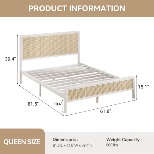 Rattan Queen Bed Frame with Headboard, Boho Queen Metal Platform Bed Frame with Steel Slats, Under Bed Storage, Rounded Corners, No Box Spring Needed, Quiet Design, Easy Assembly, White