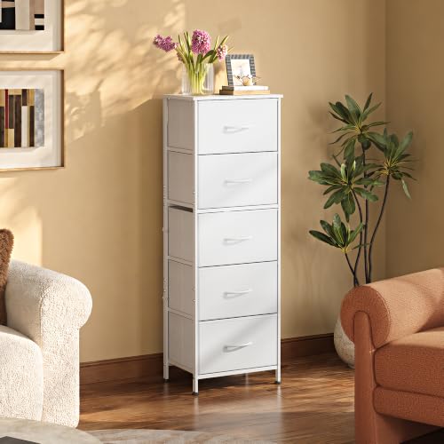 Tall Dresser for Bedroom, 5 Drawer Dresser, White, 5 vertical fabric drawers, view 5