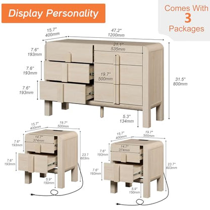 3 Piece Dresser and Nightstand Sets for Bedroom, 47.2" W Modern 6 Drawer Dresser & 23.7” Tall Nightstand Set of 2 with Charging Station for Bedroom, Curved Profile Design, Beige