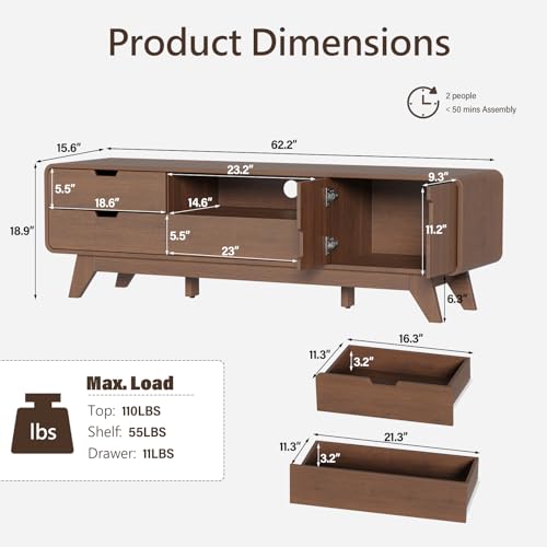 63" TV Stand, Mid Century Modern TV Stands for TVs up to 70 inch, view 3
