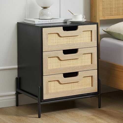 Boho rattan nightstand with three drawers and metal handles, view 2