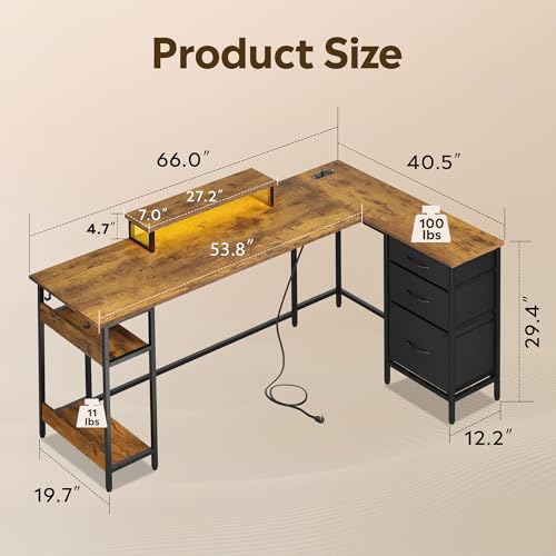 66 Inch L Shaped Gaming Desk with Drawers and Storage, Corner Desk with LED Lights, Power Outlets, Computer Desk with Monitor Stand, Office Desk for Home, Rustic Brown