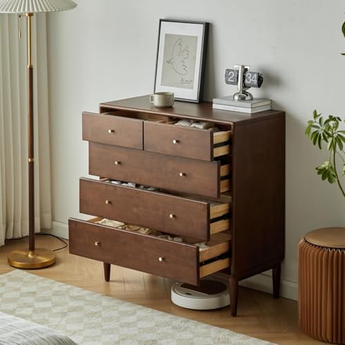Solid Wood Nightstand, 5 Drawer Side Table for Bedroom, Wooden Storage Organizer, view 2