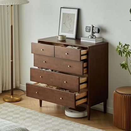 Solid Wood Nightstand, 5 Drawer Side Table for Bedroom, Wooden Storage Organizer, view 2