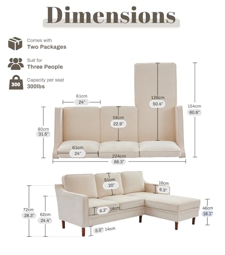 88" L-Shape Sofa, Chenille Sectional Couch, Mid Century Modern Couches with Solid Wood Frame for Living Room Bedroom