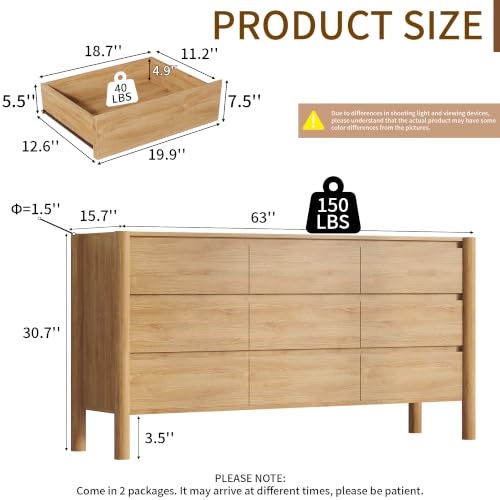 63" Wide Oak 9 Drawer Dresser for Bedroom with Solid Wood Legs, view 3