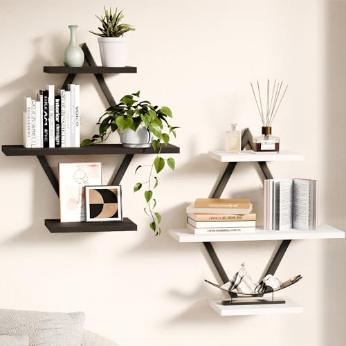 Floating Wall Shelves, Set of 2, Black & White | 3-Tier Hanging, Wall Mounted, Sturdy & Durable, For Bathroom, Living Room, Bedroom, Kitchen, Office