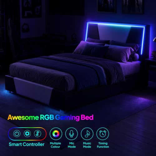 Full Size Bed Frame Upholstered Headboard Lights Storage Drawers, view 4