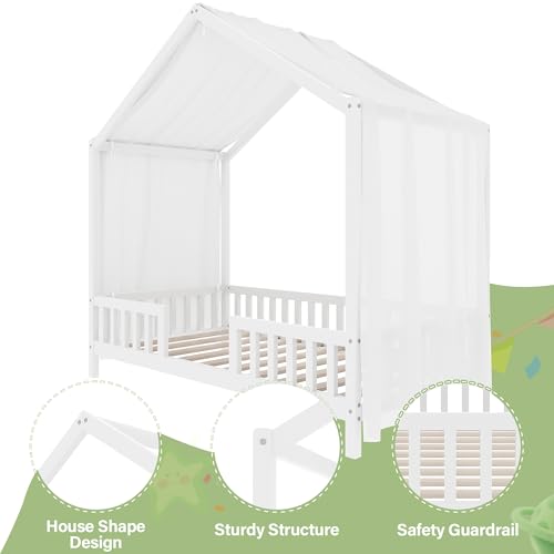 Twin Montessori House Bed with High Rails, Low Floor Bed Twin with Roof & Canopy, view 6