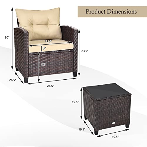 3 Piece Patio Furniture Set, Outdoor Conversation Set with Washable Cushions & Tempered Glass Tabletop, PE Rattan Wicker Bistro Set for Porch, Garden, Balcony (Beige)