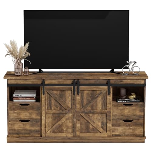 TV Stand for 65" TV, 4 Drawers, Sliding Barn Doors, Brown, view 2