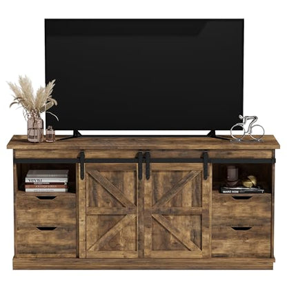 TV Stand for 65" TV, 4 Drawers, Sliding Barn Doors, Brown, view 2