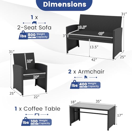 4 Pieces Patio Wicker Furniture Set, Outdoor Heavy Duty Rattan Cushioned Chairs, Loveseat and Tempered Glass Coffee Table, for Backyard, Balcony, Poolside (1, Black)