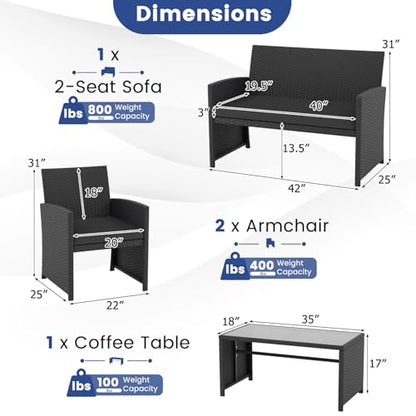 4 Pieces Patio Wicker Furniture Set, Outdoor Heavy Duty Rattan Cushioned Chairs, Loveseat and Tempered Glass Coffee Table, for Backyard, Balcony, Poolside (1, Black)