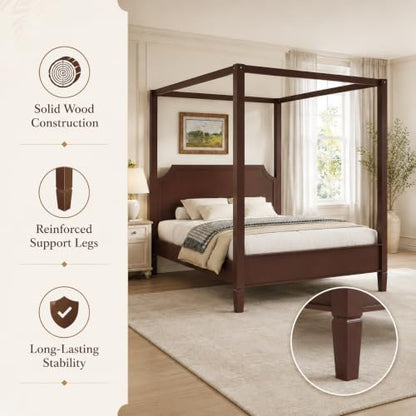 Walnut Queen Size Canopy Bed Frame Solid Wood 4 Poster Canopy Bed, view 8