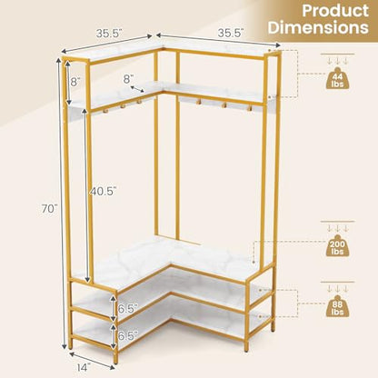 Corner Coat Rack with Shoe Bench, L-Shaped Garment Rack with 5 Shelves & 7 Hooks, Heavy Duty Freestanding Clothes Racks Entryway Bench with Shoes Organizer for Hallway (White & Gold)