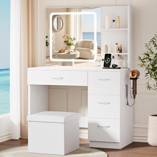 White Makeup Vanity Desk with Charging Station & 4 Drawers, view 2