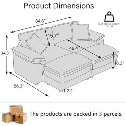 84.6” Corduroy Loveseat with Ottoman, Oversized Double Chaise Lounge Chair Indoor Deep Seat Two Seater Couch Cloud Couch Modular Sectional Sofa for Living Room(Corduroy Grey)