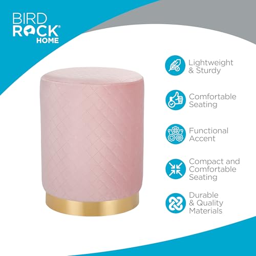 Velvet Round Ottoman Foot Stool with Lattice Design and Gold Trim - Soft, Padded Foot Rest for Living Room or Bedroom – Decorative Foot Ottoman for Chair, Rocking Chair or Couch (Pink)