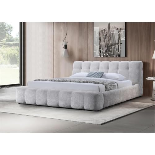 Modern Tufted Upholstered Queen Bed, Gray Chenille Fabric, Plush Headboard and Fully Cushioned Frame, Low-Profile Design with Sturdy Wooden Slats, Rounded Silhouette, Bedroom Furniture