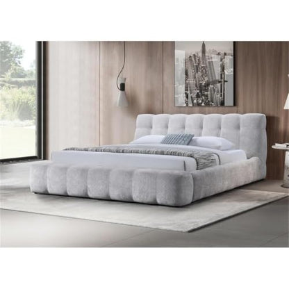 Modern Tufted Upholstered Queen Bed, Gray Chenille Fabric, Plush Headboard and Fully Cushioned Frame, Low-Profile Design with Sturdy Wooden Slats, Rounded Silhouette, Bedroom Furniture