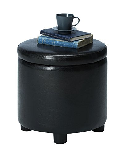 Designs4Comfort Round Accent Storage Ottoman in Black Faux Leather Fabric