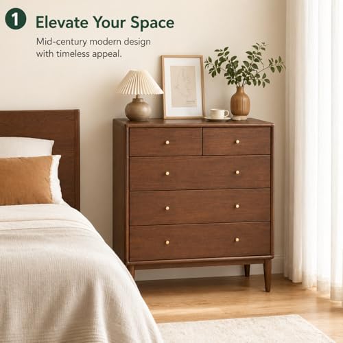 100% Solid Wood Nightstand with 5 Drawer, 5 Drawer Side Table for Bedroom, view 4