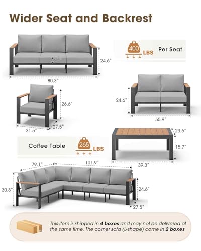Aluminum Outdoor Patio Furniture Set 8 Seats, Outdoor Sectional Corner Sofa, Patio Conversation Sets with Coffee Table & Washable Thick Cushions, Outdoor Furniture for Backyard, Porch, Gray